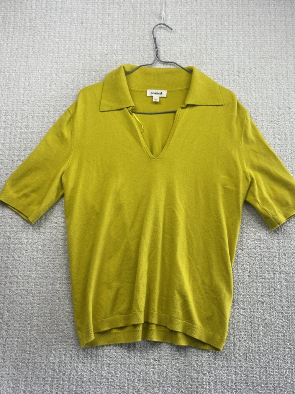Soaked in Luxury Spina Knit Polo Shirt Wom Sz L V-Neck Yellow Preppy Casual